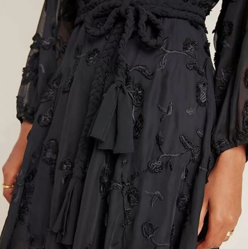 🚫*SOLD* NWOT Anthropologie Amal embroidered black long sleeve tie waist dress - Picture 5 of 11